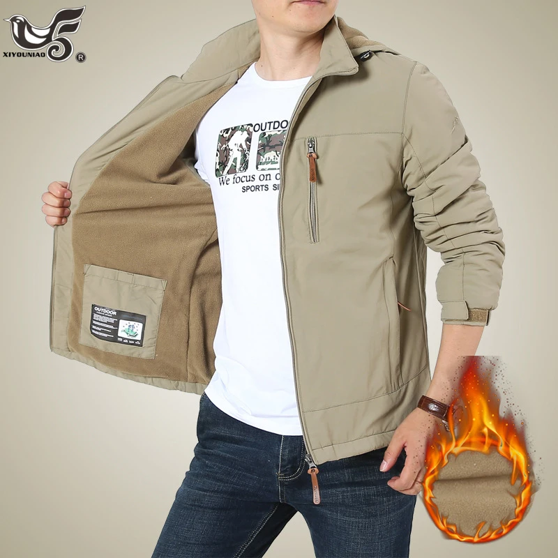 

men's fleece thicken hooded multi-pocket zipper Autumn winter men's jacket fashion outdoor sport Hiking Coat Parkas Men Clothing