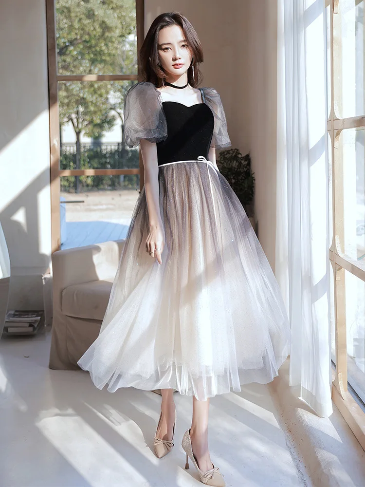 Women Short Sleeve A-line Evening Dress French Prom Tulle Party Gowns Vestidos De Fiesta