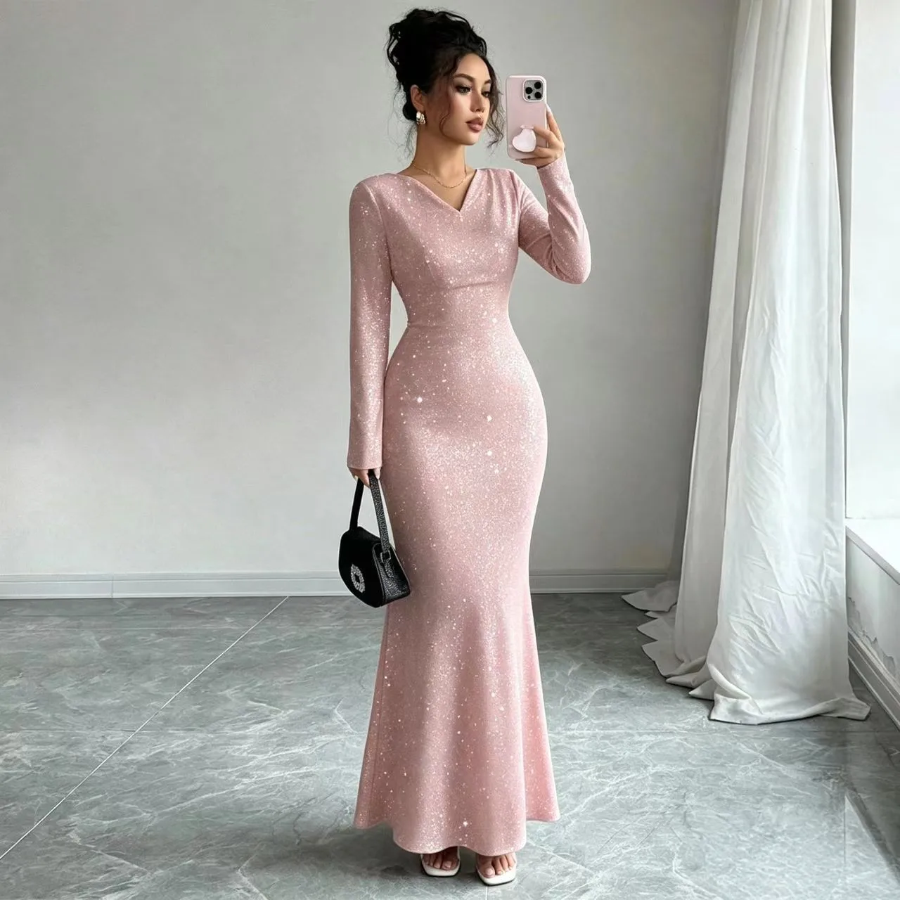 Pullover Long Sleeve Dress High Waist Mermaid Silhouette Fitted Body One Dress Floor Length Office Style for Women Autumn