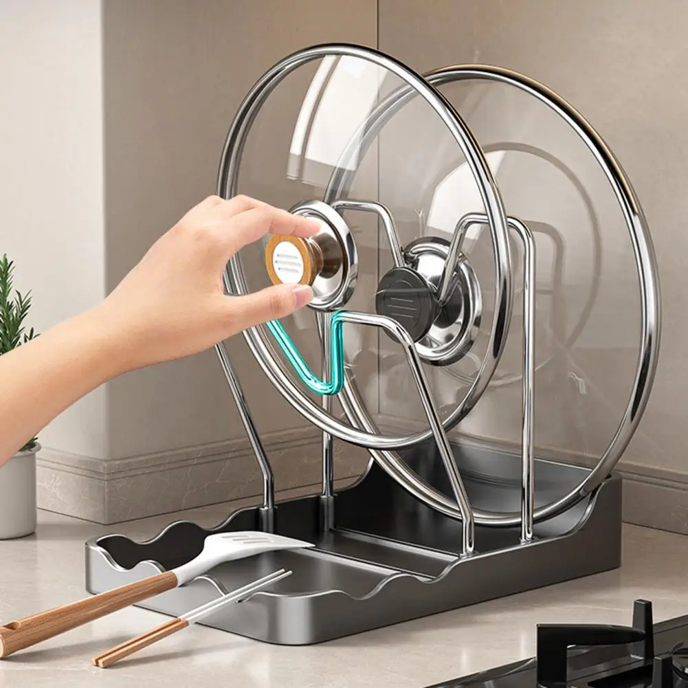 Utensil And Lid Holder Countertop Pot Lid Holder Pan Lid Storage Rack with Drain Tray Pots Lids Stand Spoon Rest Kitchen Organiz