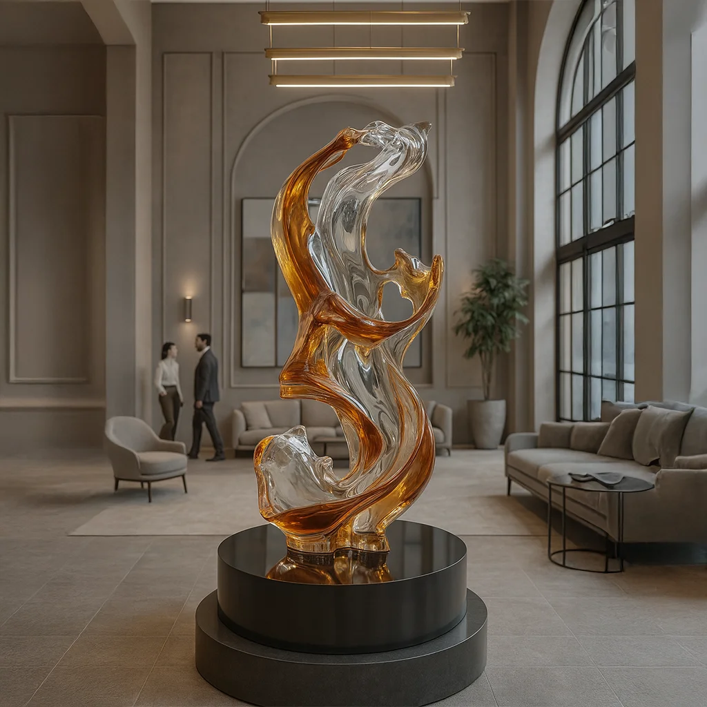 Jingyue custom transparent resin large abstract sculpture indoor handmade craft crystal luxury hotel lobby decoration