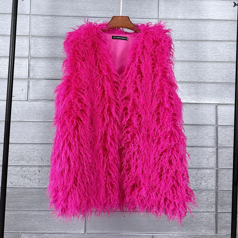 Candy Color Chic Faux Beach Wool Vest Women Autumn Winter Fluffy Fur Jacket Sleeveless Cardigan Faux Fur Vest Streetwear Coats