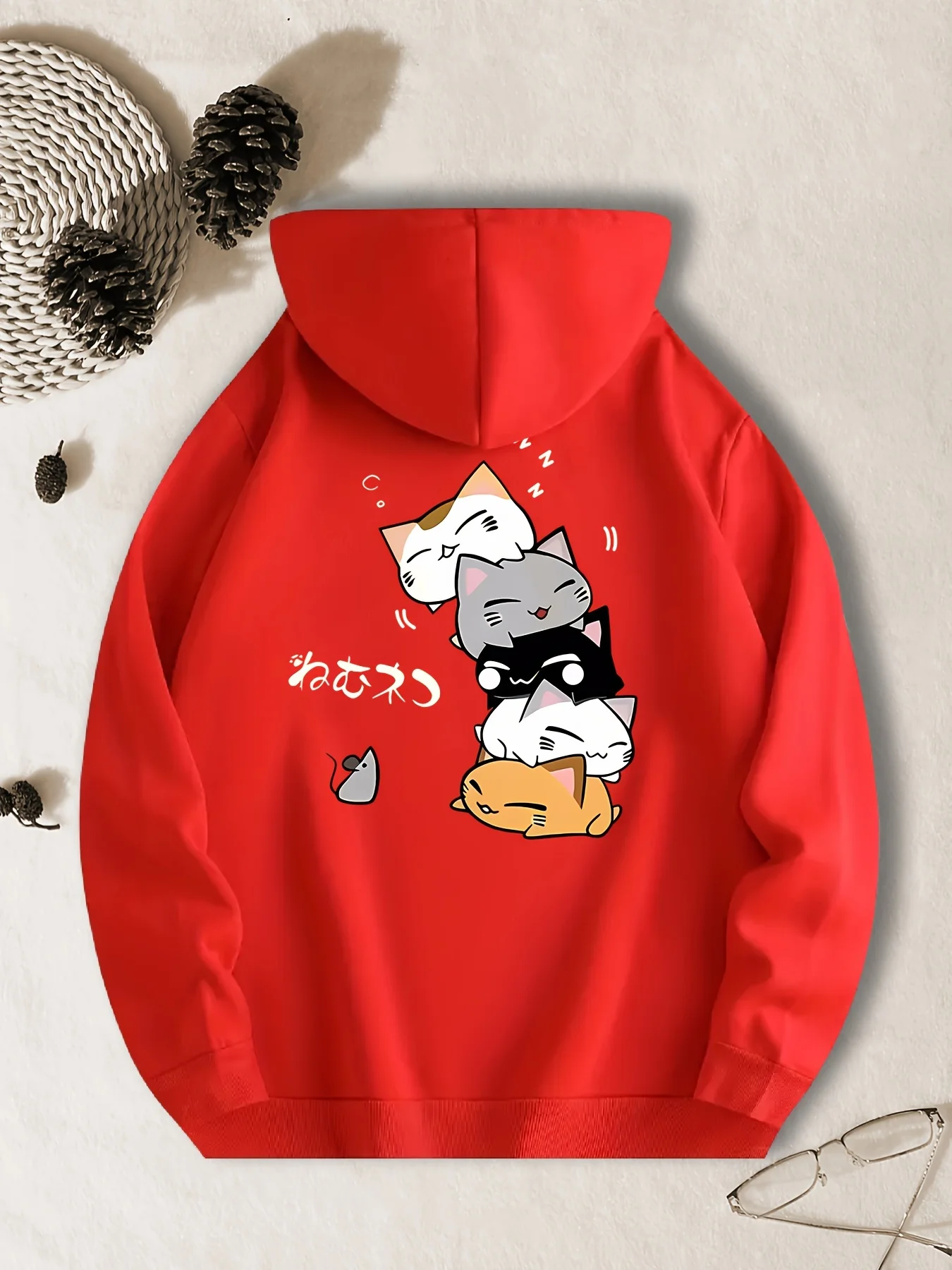 Men's cute stacked cat hoodie, with cartoon cats and small mice pattern on the back. A playful and cute casual hoodie.
