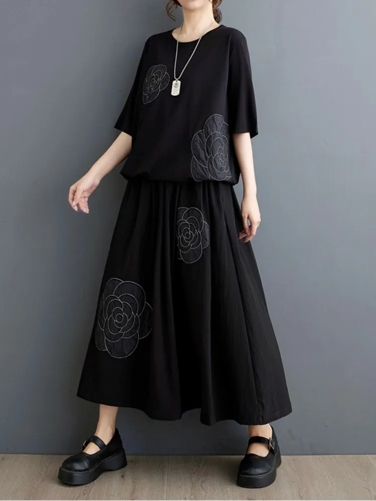 Oversized Flower Embroidery Summer 2 Two Piece Set Women Fashion Casual Ladies Blouses Ruffle Pleated Loose Woman Midi Skirts