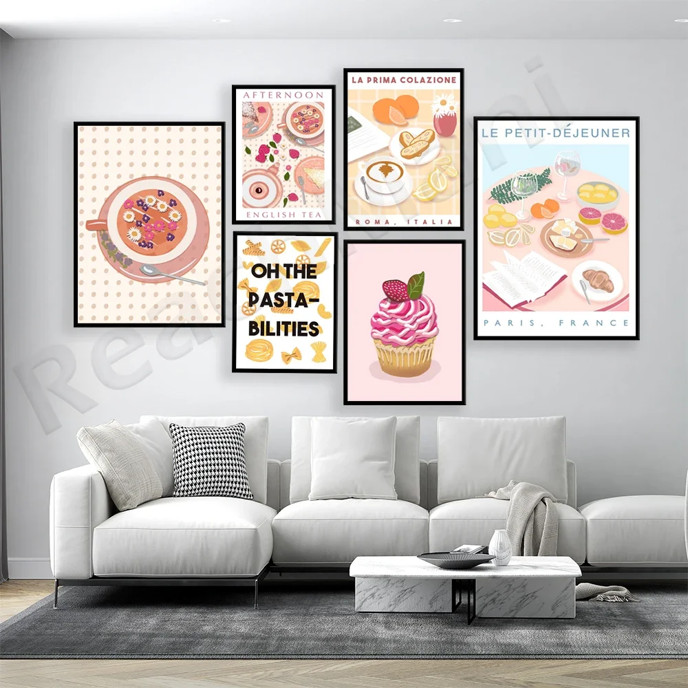 French breakfast, afternoon tea, tea cups, pasta, pink icing cupcakes, Oh les Pastabilities kitchen decoration food poster