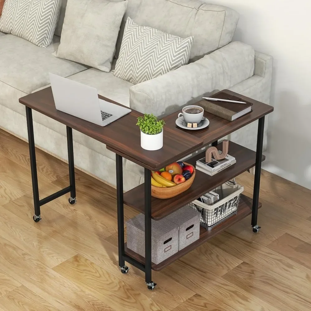 

360° Rotating Sofa Side Table, Patented Mobile End Table with 2-Tier Storage Shelves,Swivel Rolling Desk with 6 Lockable Casters