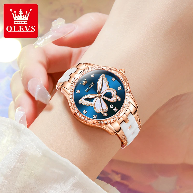 OLEVS Women Watch Luxury Butterfly Diamond Rose Gold Ceramics Steel Watches Quartz Waterproof Luminous Ladies Wristwatches