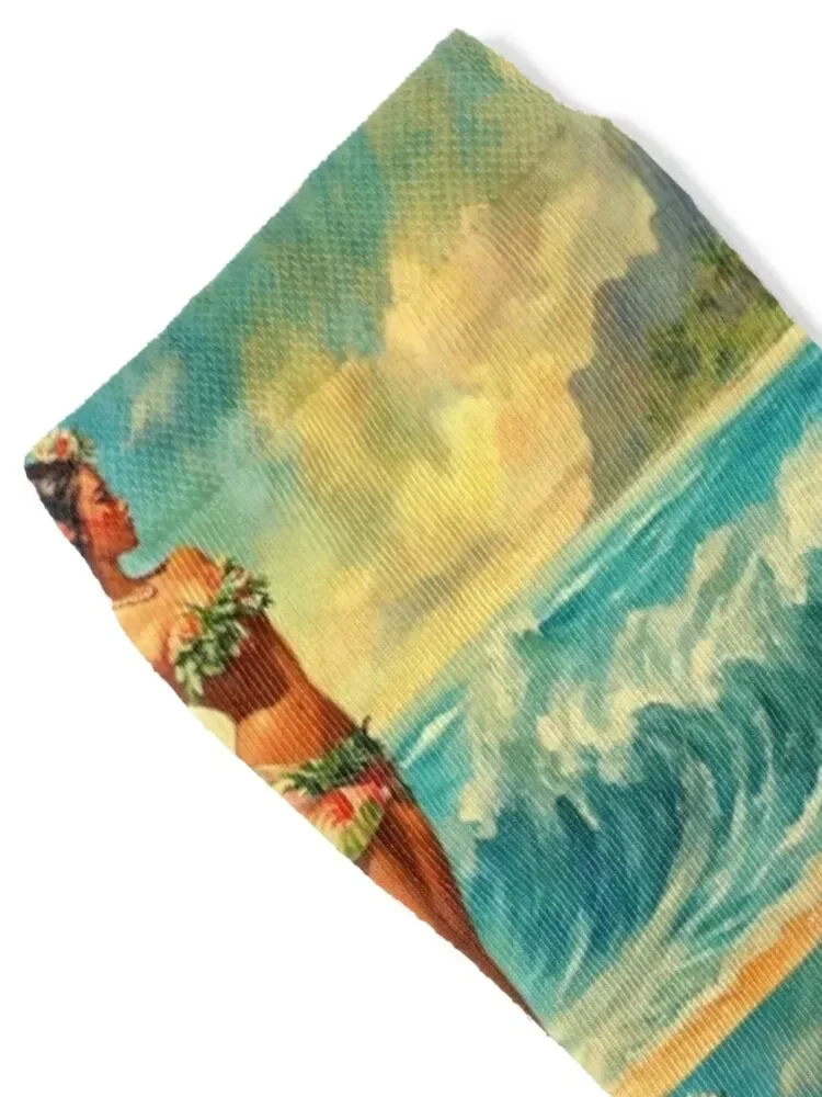 A Painting Of A Woman In A Hula Skirt On The Beach Socks man floral Argentina christmas gifts Men Socks Luxury Brand Women's