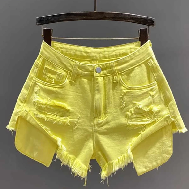 

Желтые широкие джинсовые шорты, женские летние потертые шорты трапециевидной формы в стиле ретро, прямые шорты с необработанными краями, уличная одежда, женские сексуальные шорты