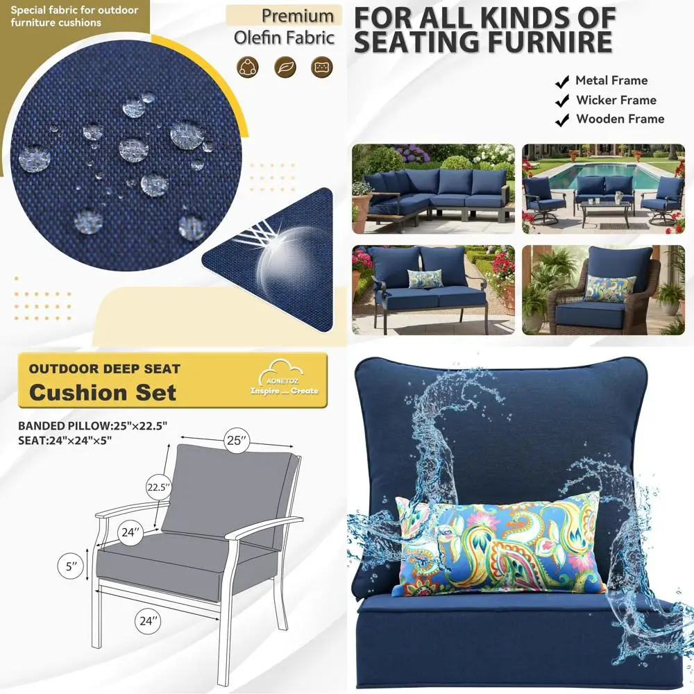 

24 Square Olefin Deep Seat Cushion Set, Waterproof & Fade-Resistant Patio Furniture Covers with Removable Pillows