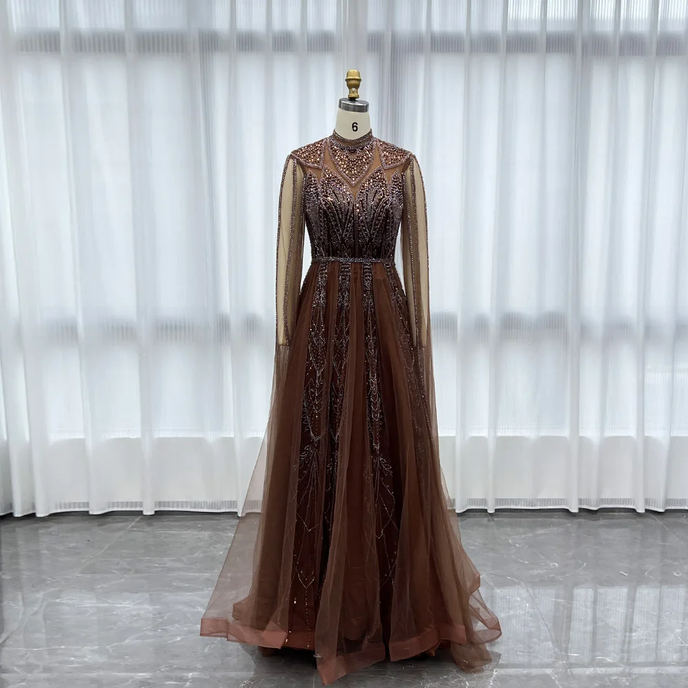 

YQLNNE Скромные коричневые вечерние платья с вышивкой бисером Платье Aline