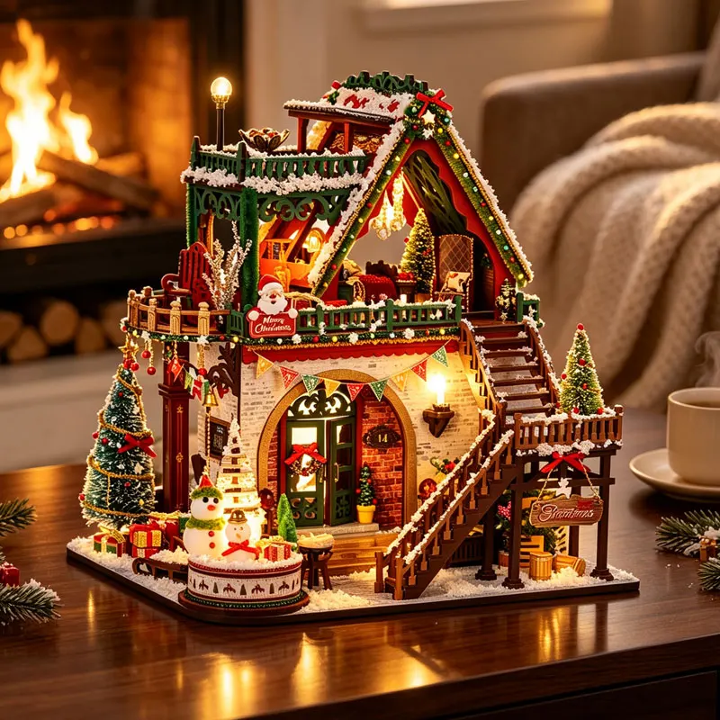 DIY Xmas Doll House Miniature House Wooden Casa Dollhouse Furniture Light Home Handmade Miniature Toys Birthday Christmas Gifts
