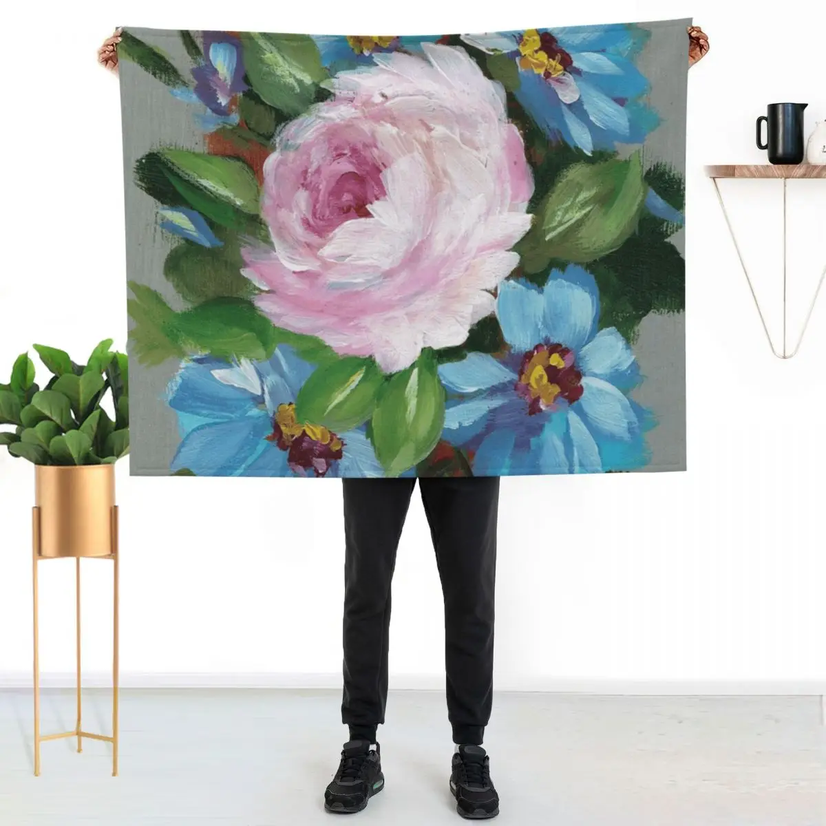 

Single Pink Rose Surrounded by Blue Flowers Throw Blanket Foldable Soft Warm Blanket for Outdoor Use