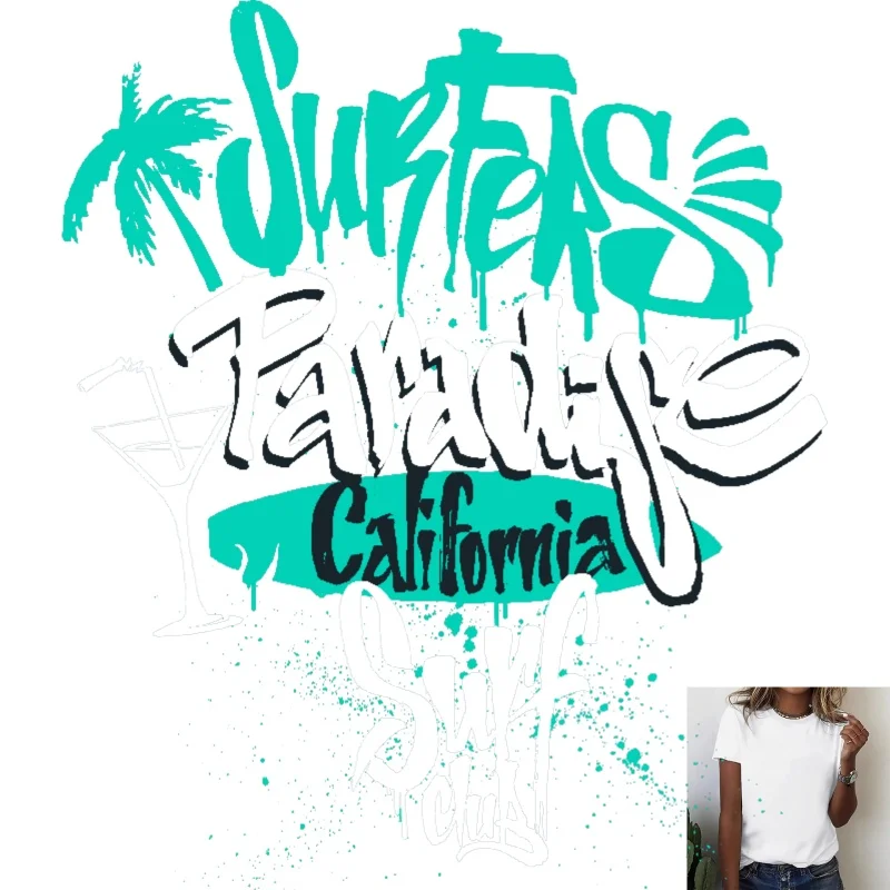 Summer California Surfers Paradise Heat Transfer White Ink Iron - on Patch, Coconut Tree & Cocktail Graffiti Style, Suitable