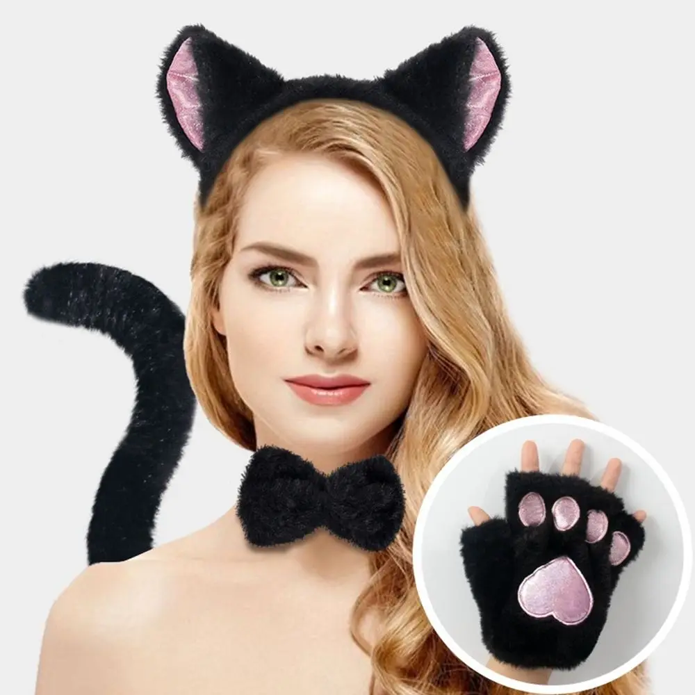 Sweet Cat Woman Cat Ears Headband Set Jk Lolita Cosplay Headwear Plush Hair Band Cat Paw Gloves Halloween Dress Up Student