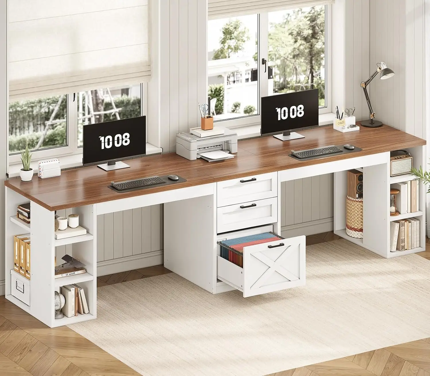 'Farmhouse 96.5' Computer Desk with Drawers, 2 Person Home Office, Gaming Double Desk, Storage Shelves (White and Brown)