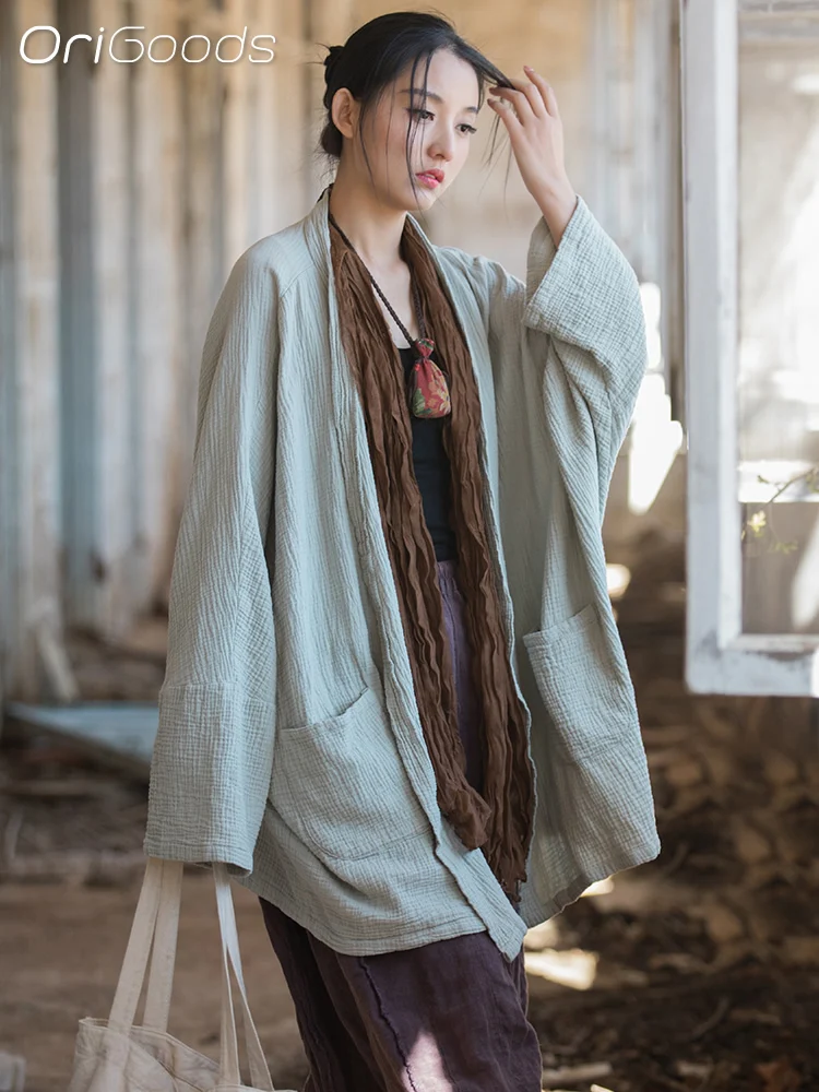 OriGoods Oversized Kimono Shirt Japanese Style Long Sleeve Loose Kimono Women Cotton Tops Spring Summer Vintage Casual Coat B144