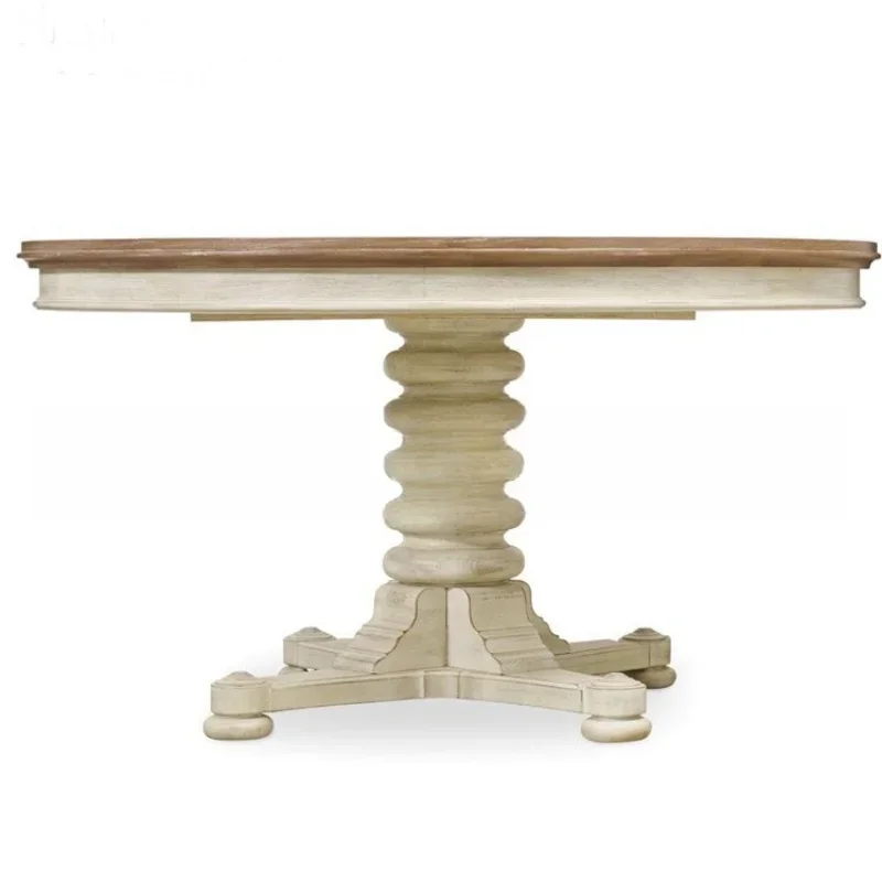 

American retro old solid wood dining table white carved retractable round dining table dining chair combination furniture