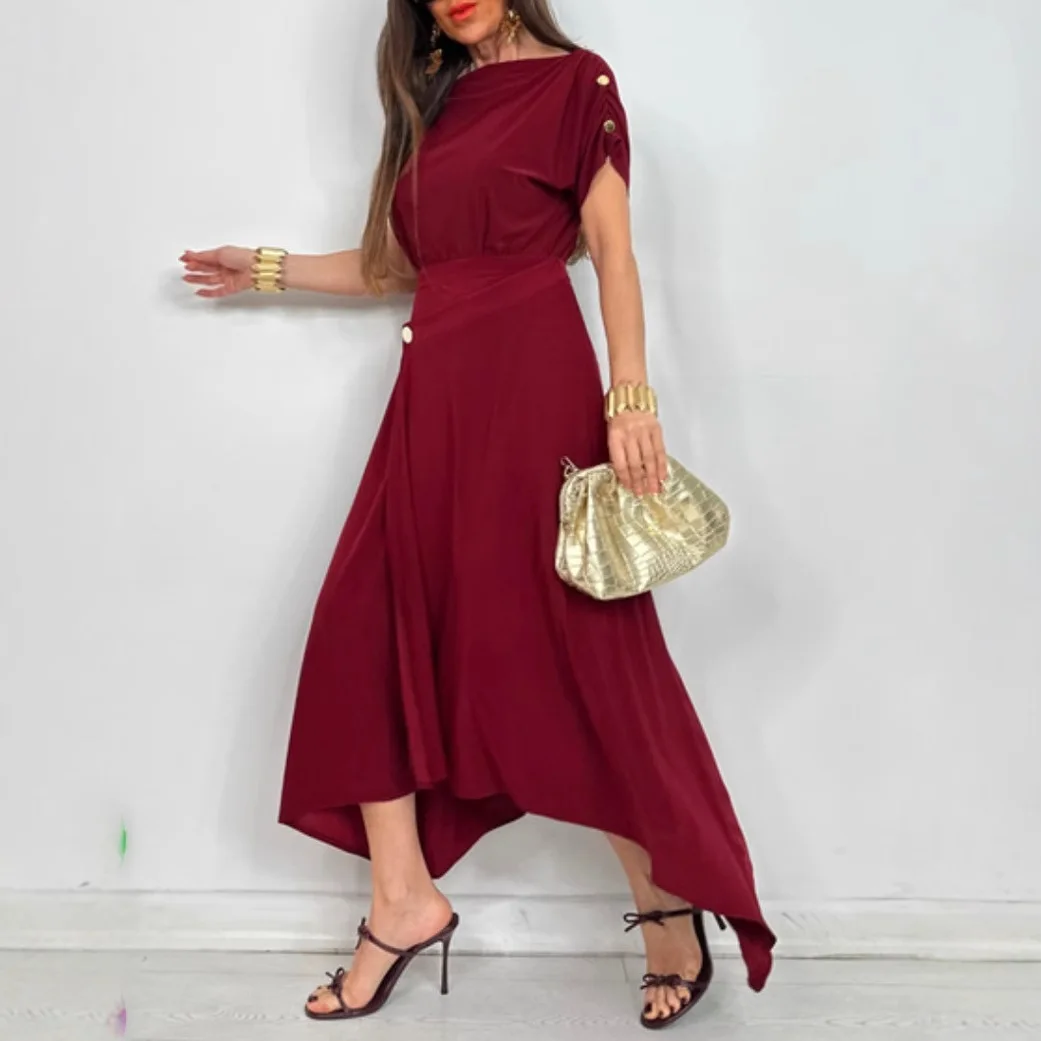 

Fashion Solid Color Off-shoulder Bat Sleeve Half-sleeved Top + Ruffled Skirt Suit Women Summer Elegant Top Skirt Suit For Women