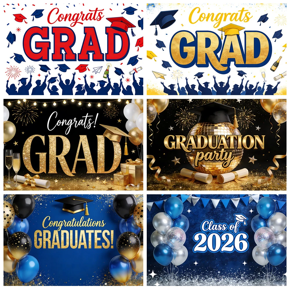 

Congrats Grad Class of 2026 Photography Background Black Golden Balloons Bachelor Hat Prom Ball Party Backdrop Photo Studio Prop