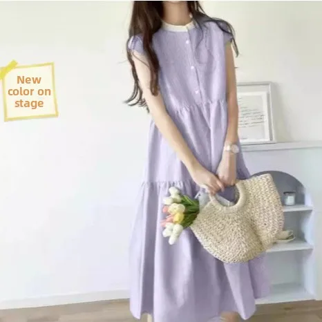Sweet Korean Style Women's Dress Summer round Neck Buttonless Striped Sleeveless Cleanfit H Version Short Sleeve Gown