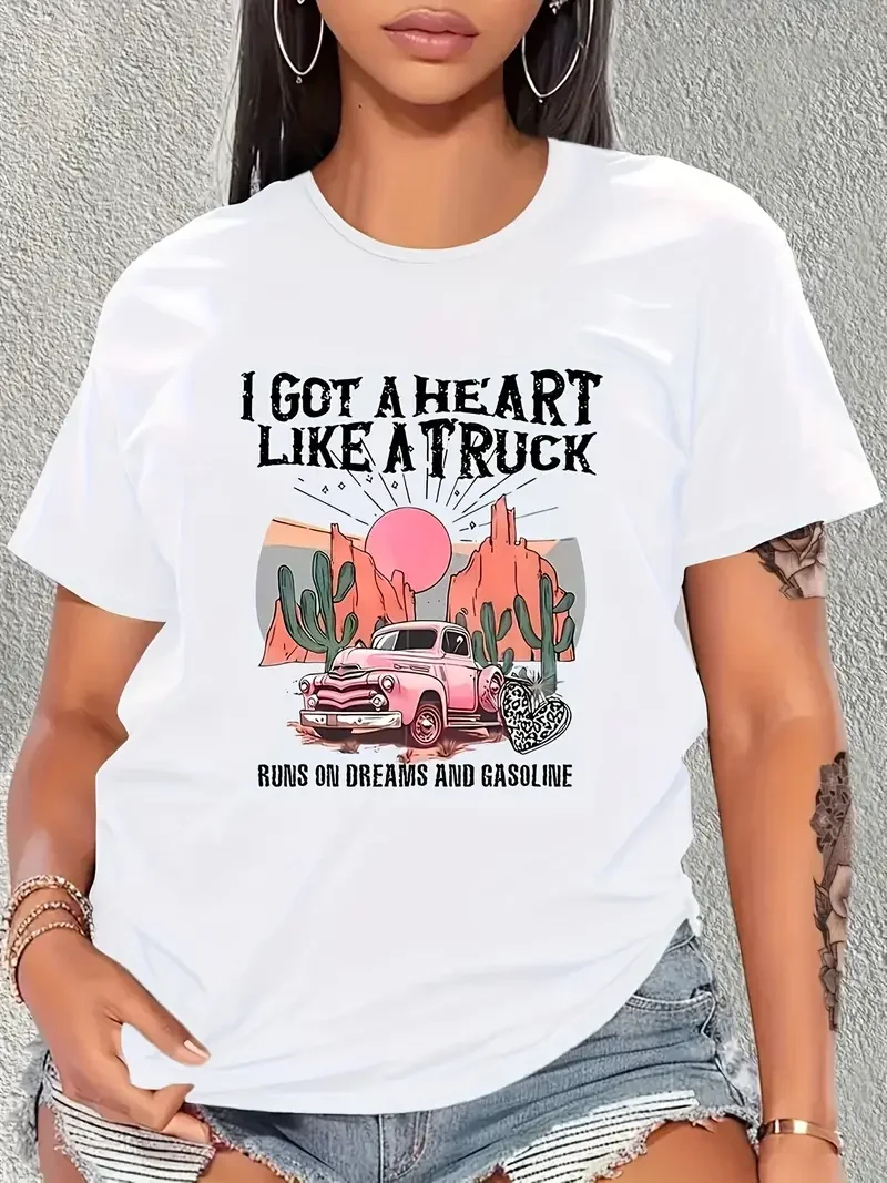 Rosa LKW und Kaktus Cartoon Druck Grafik T-Shirt Sommer neue Damenmode Harajuku lässig O-Ausschnitt Kleidung Straße Dressing