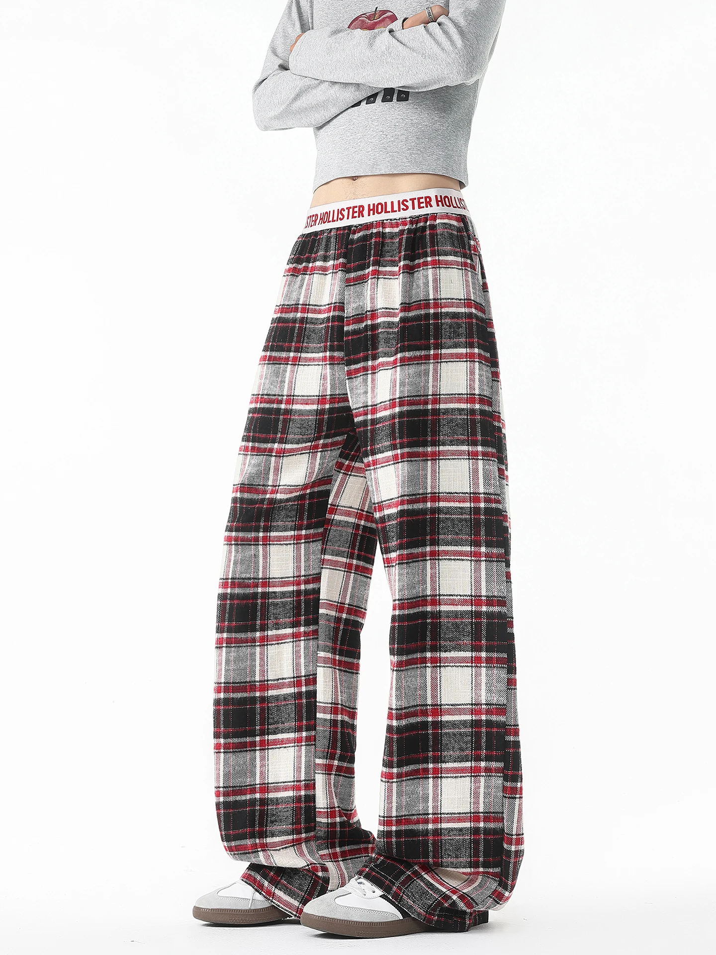 

Boyue American Letter Waist Color Blo Plaid Casual Pants Street Dance Design Wide Leg Pants ex Polyester Fiber