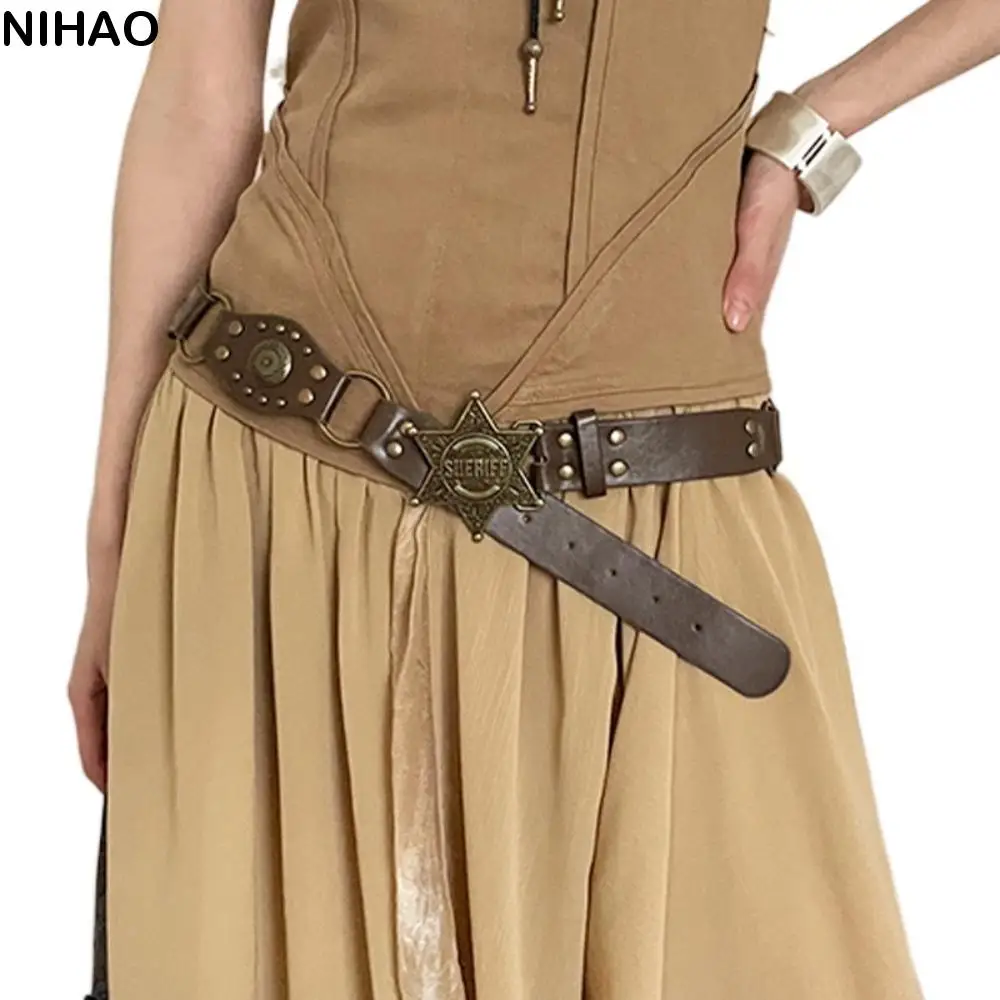 

Punk Rivet Cowgirl Belt Alloy Exaggerated Cowboy Waistband Y2k Strap Buckle Star Buckle Belt Spicy Girl