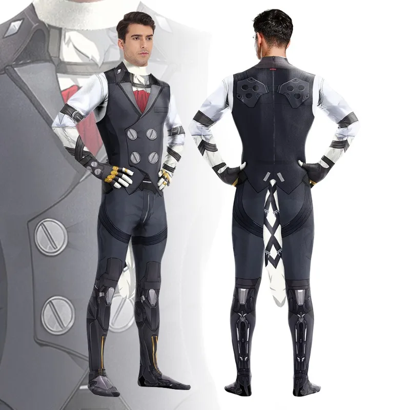 Halloween Cosplay Costume Anime Digital Printed Long Sleeved Jumpsuit with Tail Theme Party Role Playing Outfits for Adult Men