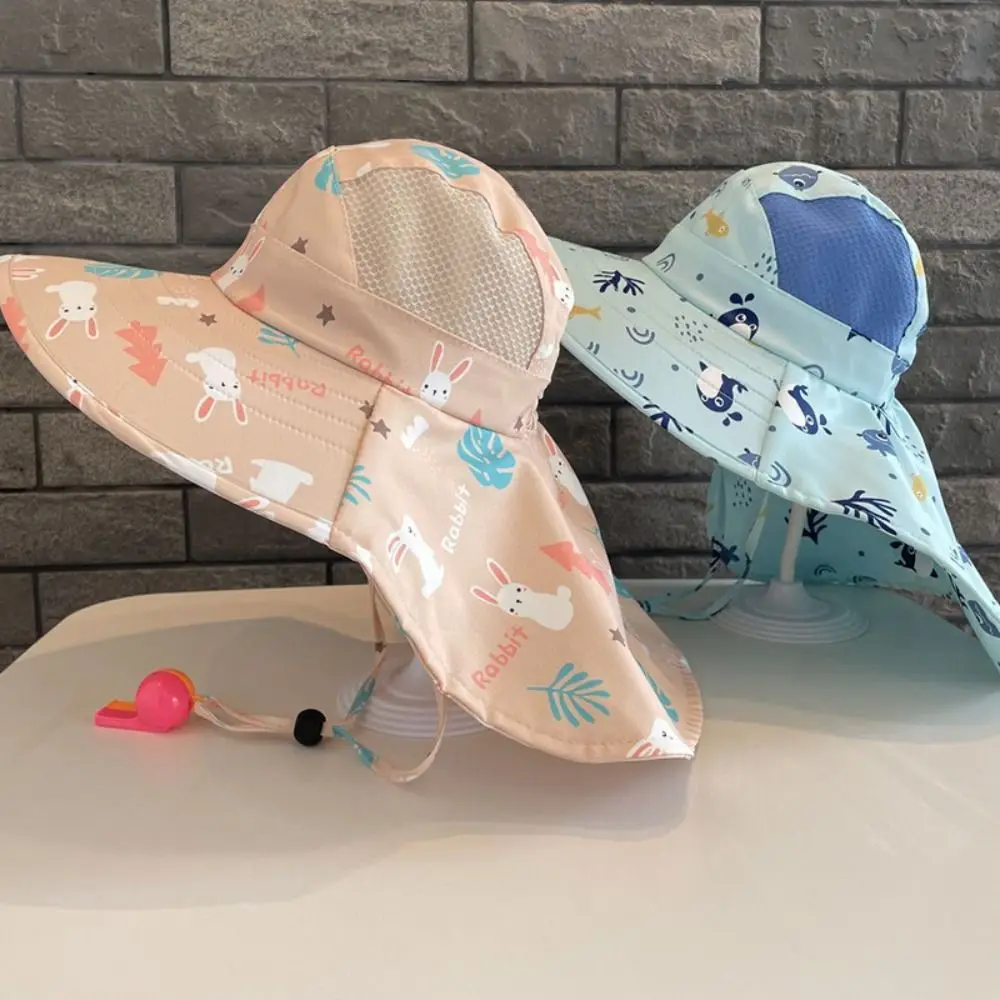 Bucket Cap Summer Baby Hat With Whistle Wide Brim Children's Sunscreen Hat Neck Ear Cover Breathable Kids Beach Caps