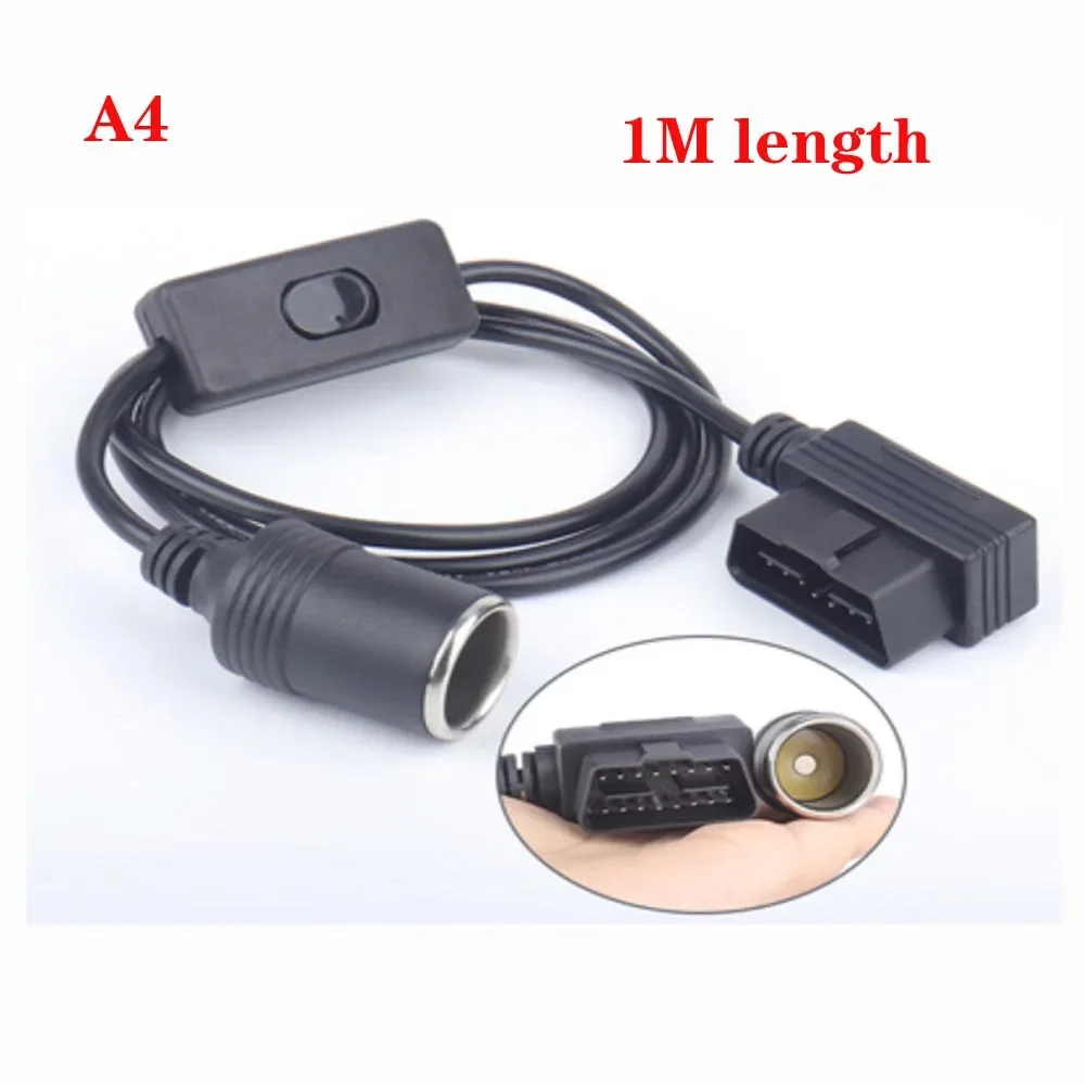 12V Switch OBDII OBD2 24AWG Power Supply Cable 16Pin Female to Car Cigarette Lighter DC Power Source OBD Male Connector Cable