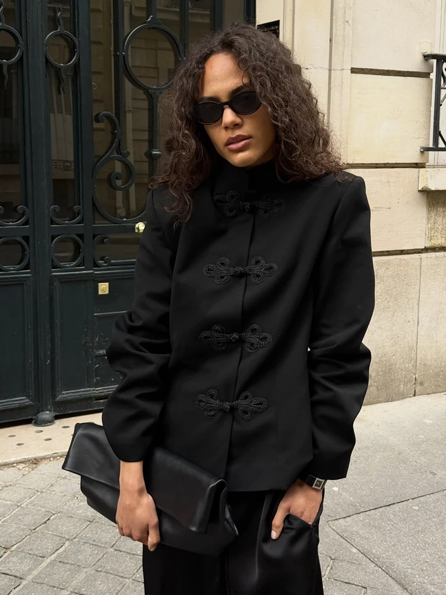 Blazer de Mujer Estilo Chino con Botones Frontales, Colección Primavera/Otoño 2026 de LIinar, Chaqueta Negra Informal para el Trabajo