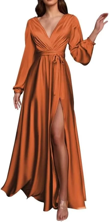 Spersonalizowane sukienki dla druhen z długim rękawem dla kobiet Sexy Cross V Neck Satin Evening Vestidos High End Luxury Glossy Split G