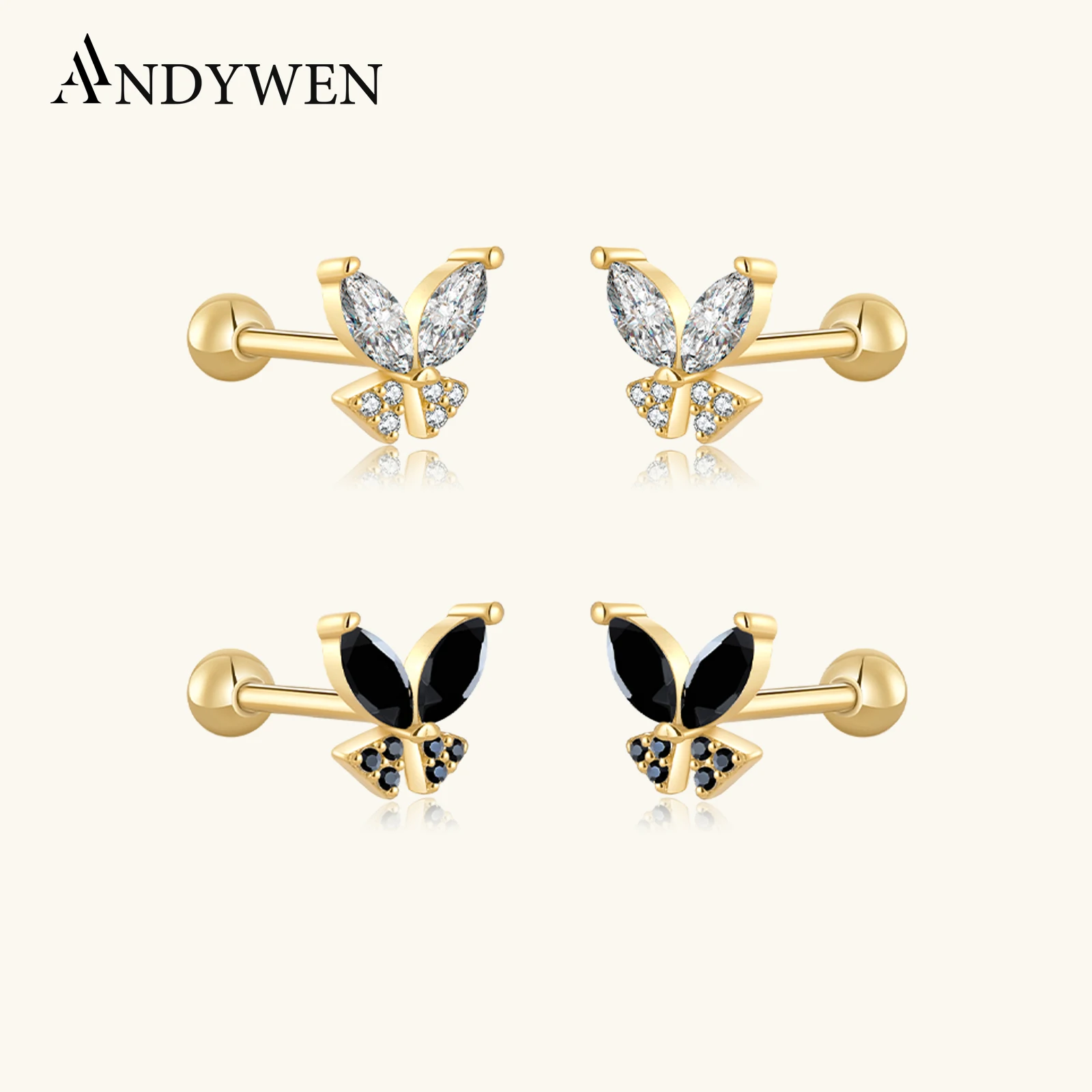 

ANDYWEN 925 Sterling Silver Gold Ovals Butterfly Zircon CZ Stud Earring Piercing Clips Rock Punk Beads Jewelry Gift Pendiente