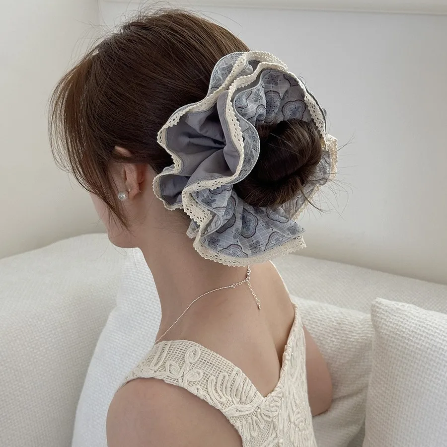 

French Retro Floral Lace Edge Scrunchie Korean Style Soft Elastic Hair Tie for Bun Daily Home Party