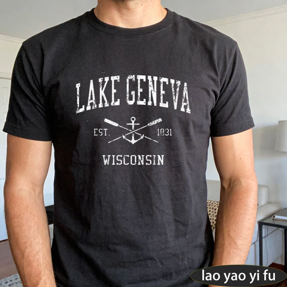 Футболка с графическим рисунком Lake Geneva Wisconsin Vintage Lake Town, мужская хлопковая футболка унисекс с короткими рукавами, повседневная одежда для отдыха на озере, повседневная одежда для повседневной жизни