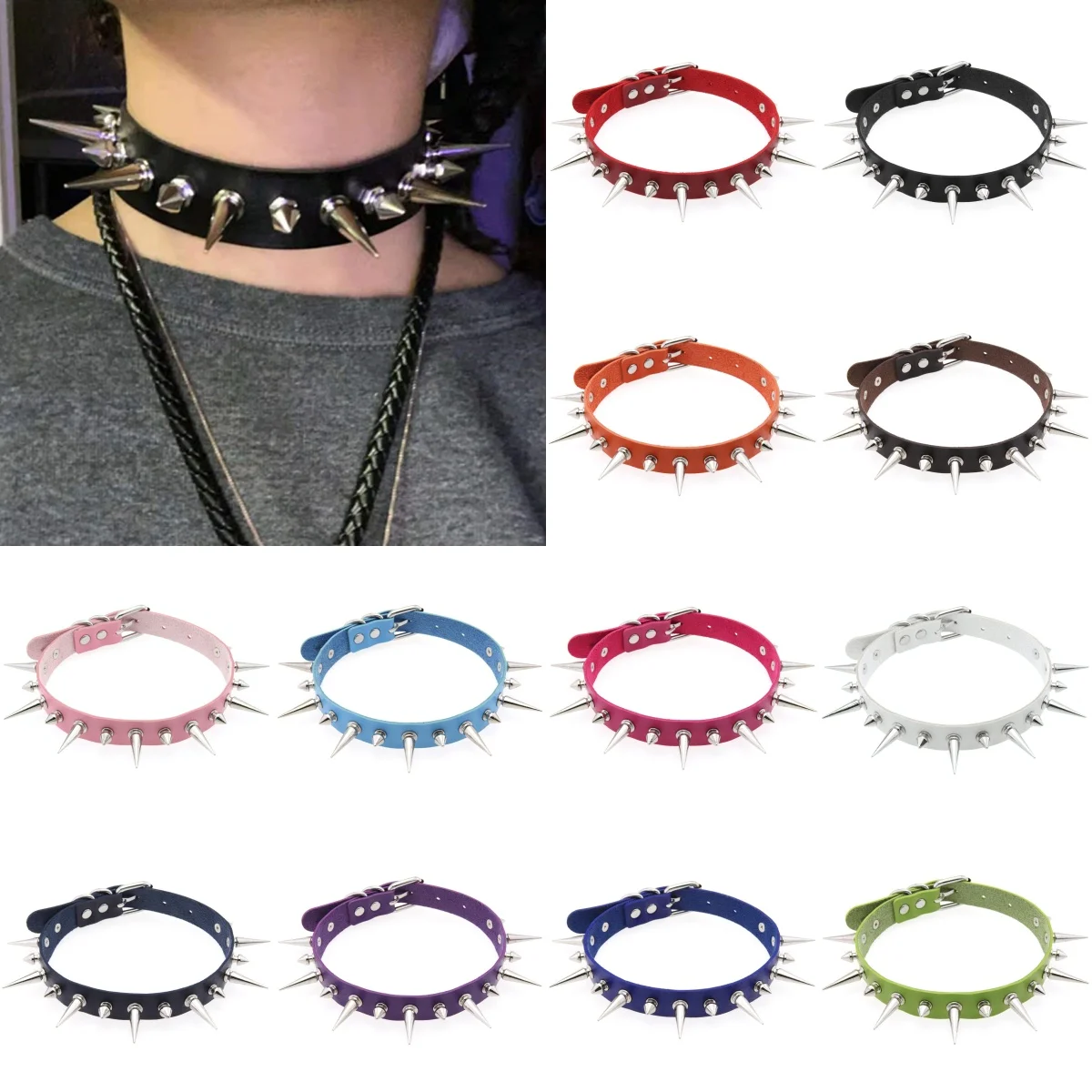 12Colors Halloween Emo Cosplay Goth Choker Necklaces For Women Men Punk Plastic Rivet PU Leather Necklaces Party Jewelry Gifts