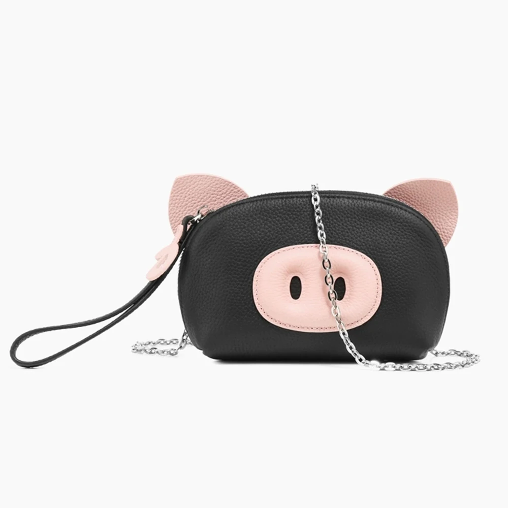 New Genuine Cow Leather Cute Animal Piggy Shell Clutch Shoulder Bag Real Leather Adorable Piglet Crossbody Bag Fashion Wristlet