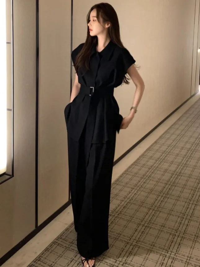 

Chic Summer irtl Collar Tied High Waist Wide Leg Pants Long Pants Set Ele Commute Sle Pure E-commerce S