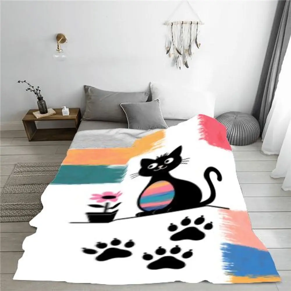 بطانية رمي قطة سوداء رائعة بتصميم وجه وردي وأبيض - بطانية صوف ناعمة ومريحة تتميز بطن متدرج من الوردي، Bl #4