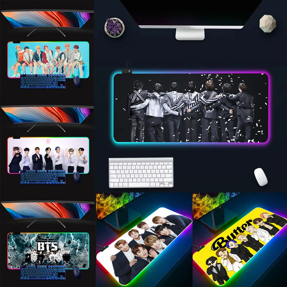 

Kpop-BTS RGB Pc Gamer Keyboard Mouse Pad Mousepad LED Glowing Mouse Mats Rubber Gaming Computer Mausepad