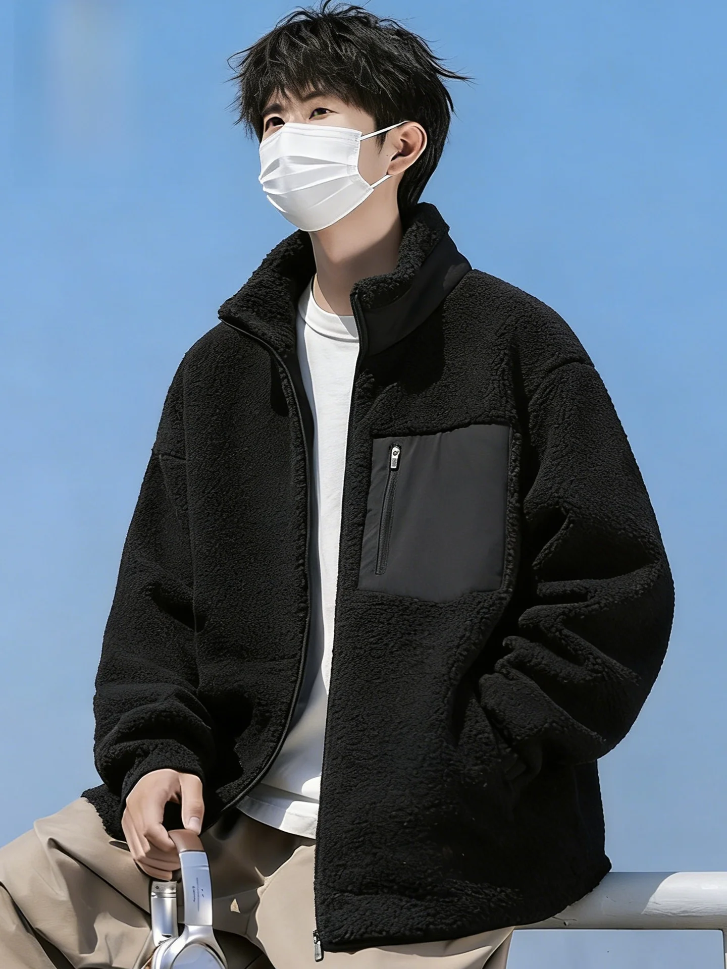 

Winter Thiened Stand Collar Cardigan Jaet Men's Fce Warmth Outerwear Zipper Closure Long Sve Polyester