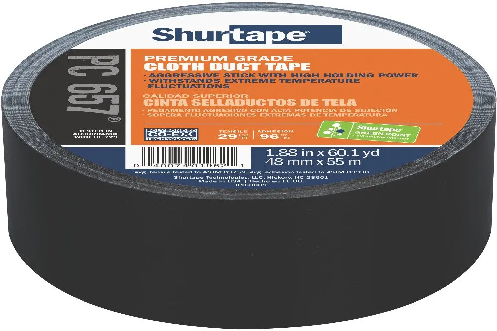 

PC 657 Heavy Duty, Co-Extruded Cloth Duct Tape, 48mm x 55m, Black, 1 Roll (101327)