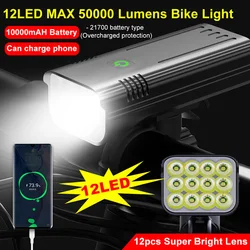 12 LED 50000LM Luce per bicicletta ultra luminosa USB ricaricabile LED Faro per bici Bici impermeabile 10000mAh Potente torcia a LED