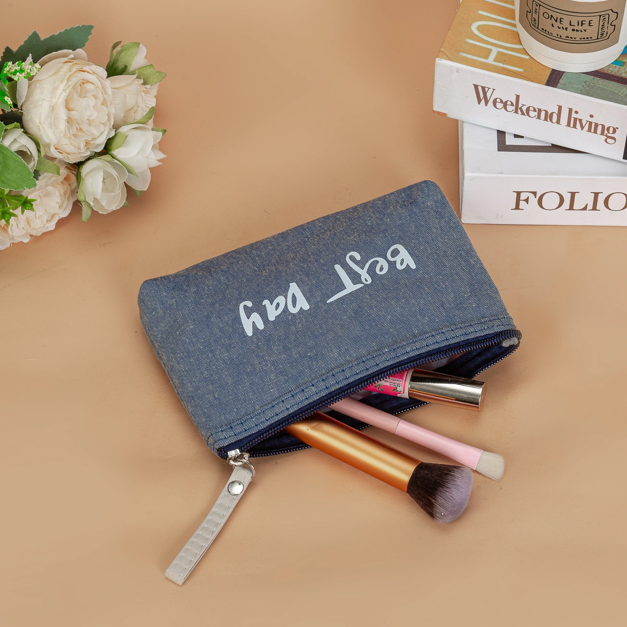 Canvas Letters Small Cosmetic Bags Ladies Women Portable Make Up Custom Waterproof Travel Toilet Pouch