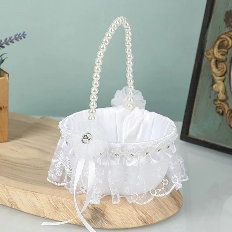 Flower Girl Basket Theme Wedding Small Baskets with Pearls Laced Ribbon Bowknot Decorations Ceremony Party Supplies