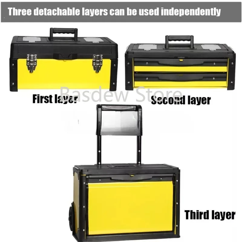 Multifunctional Three-Layer Combined Draw-Bar Toolbox Wheeled Movable Hardware Tool Car