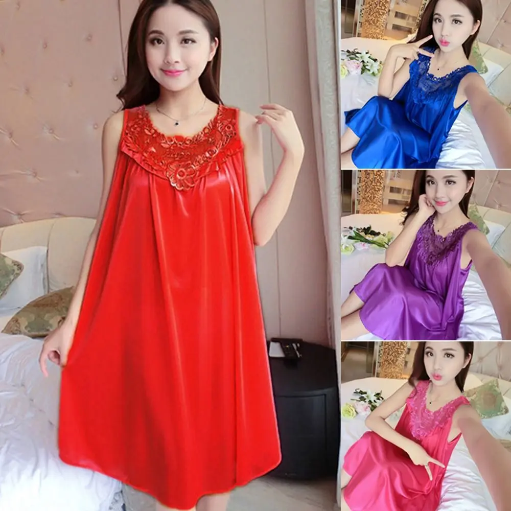 Lady Nightwear Non Shrink Sling Sleepwear Lace Dress Summer Lace Sleeveless Solid Color Homewear