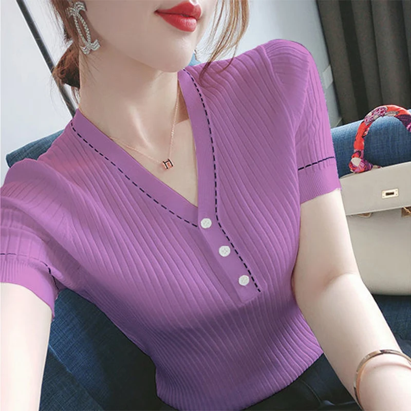 Summer New Casual Fashion V-neck Solid Simple Knitting T-shirt Lady Short Sleeve Slim All-match Pullover Top Women Patchwork Tee