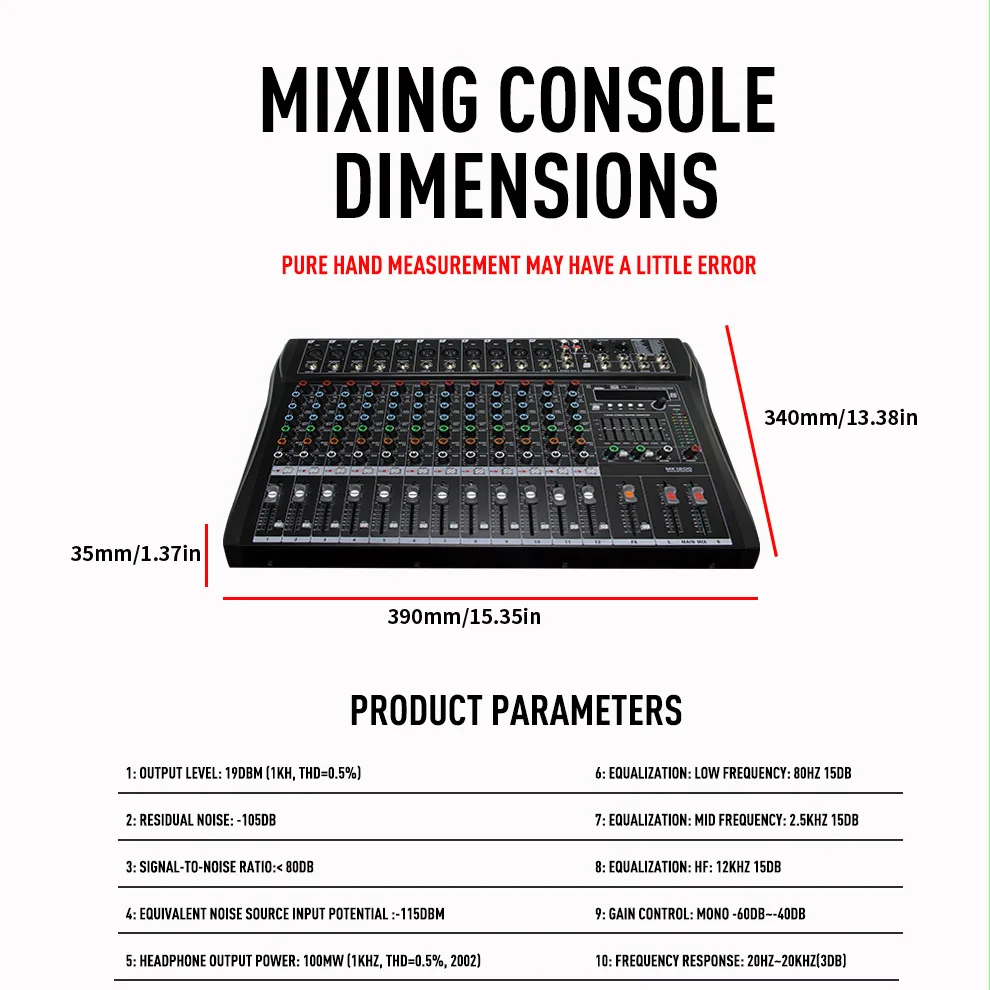 Professional 8/12 Channel Bt USB Audio Mixer with 256 Reverb Effect and 48V Fantasy Power to Take Your Music Experience